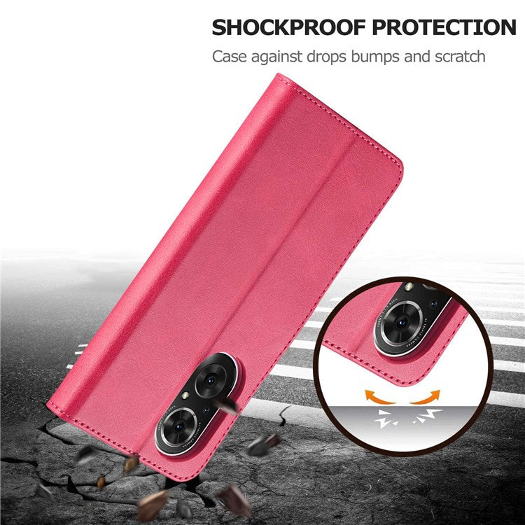 LC.IMEEKE For Honor 50 SE Textured PU Leather Wallet Case Adjustable Stand Folio Flip Phone Cover - Red