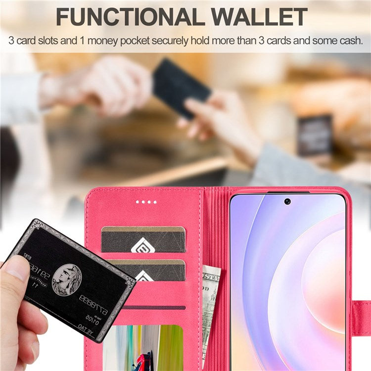 LC.IMEEKE For Honor 50 SE Textured PU Leather Wallet Case Adjustable Stand Folio Flip Phone Cover - Red