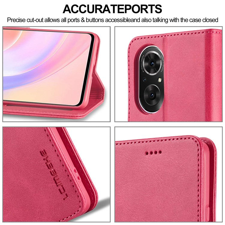 LC.IMEEKE For Honor 50 SE Textured PU Leather Wallet Case Adjustable Stand Folio Flip Phone Cover - Red