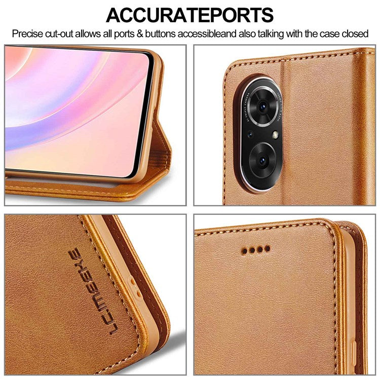 LC.IMEEKE For Honor 50 SE Textured PU Leather Wallet Case Adjustable Stand Folio Flip Phone Cover - Light Brown