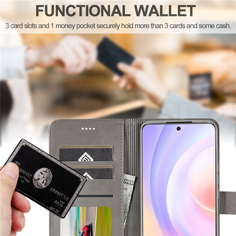 LC.IMEEKE For Honor 50 SE Textured PU Leather Wallet Case Adjustable Stand Folio Flip Phone Cover - Grey