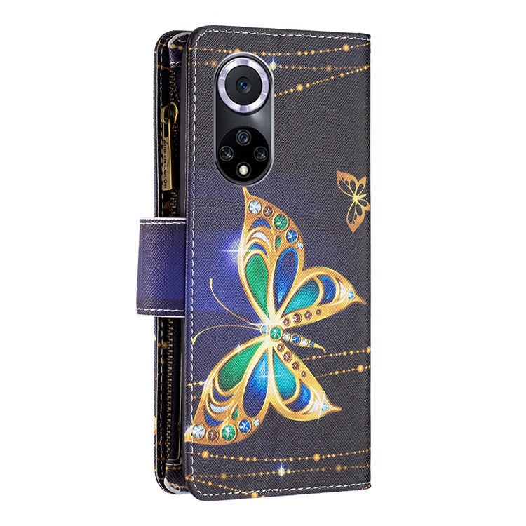 BF Pattern Printing Leather Series-4 for Honor 50/Huawei nova 9, 03 Pattern Printing Wallet Full Protection Zipper Pocket PU Leather Anti-fall Case Stand Shell - Jewelry Butterfly
