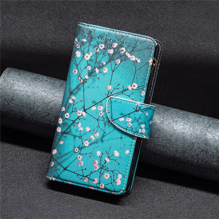 BF Pattern Printing Leather Series-4 for Honor 50/Huawei nova 9, 03 Pattern Printing Wallet Full Protection Zipper Pocket PU Leather Anti-fall Case Stand Shell - Plum Blossom