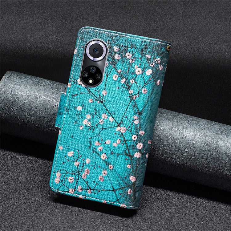 BF Pattern Printing Leather Series-4 for Honor 50/Huawei nova 9, 03 Pattern Printing Wallet Full Protection Zipper Pocket PU Leather Anti-fall Case Stand Shell - Plum Blossom
