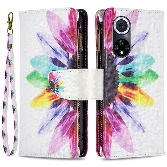 BF Pattern Printing Leather Series-4 for Honor 50/Huawei nova 9, 03 Pattern Printing Wallet Full Protection Zipper Pocket PU Leather Anti-fall Case Stand Shell - Sunflower