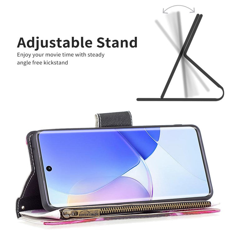 BF Pattern Printing Leather Series-4 for Honor 50/Huawei nova 9, 03 Pattern Printing Wallet Full Protection Zipper Pocket PU Leather Anti-fall Case Stand Shell - Sunflower