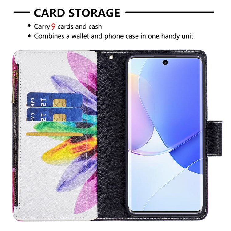 BF Pattern Printing Leather Series-4 for Honor 50/Huawei nova 9, 03 Pattern Printing Wallet Full Protection Zipper Pocket PU Leather Anti-fall Case Stand Shell - Sunflower