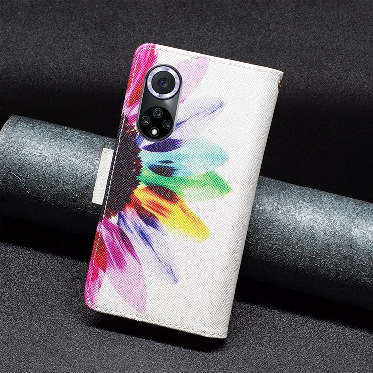 BF Pattern Printing Leather Series-4 for Honor 50/Huawei nova 9, 03 Pattern Printing Wallet Full Protection Zipper Pocket PU Leather Anti-fall Case Stand Shell - Sunflower