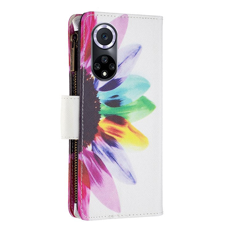 BF Pattern Printing Leather Series-4 for Honor 50/Huawei nova 9, 03 Pattern Printing Wallet Full Protection Zipper Pocket PU Leather Anti-fall Case Stand Shell - Sunflower