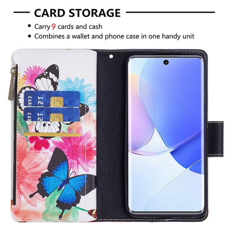 BF Pattern Printing Leather Series-4 for Honor 50/Huawei nova 9, 03 Pattern Printing Wallet Full Protection Zipper Pocket PU Leather Anti-fall Case Stand Shell - Two Butterflies