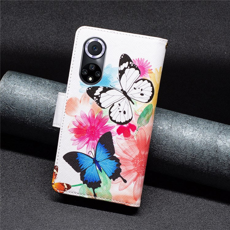 BF Pattern Printing Leather Series-4 for Honor 50/Huawei nova 9, 03 Pattern Printing Wallet Full Protection Zipper Pocket PU Leather Anti-fall Case Stand Shell - Two Butterflies