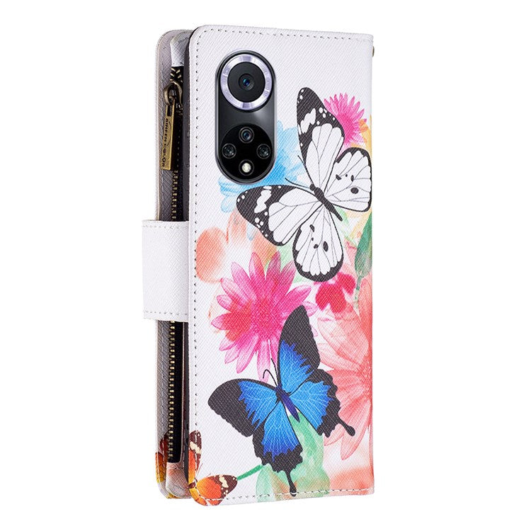 BF Pattern Printing Leather Series-4 for Honor 50/Huawei nova 9, 03 Pattern Printing Wallet Full Protection Zipper Pocket PU Leather Anti-fall Case Stand Shell - Two Butterflies