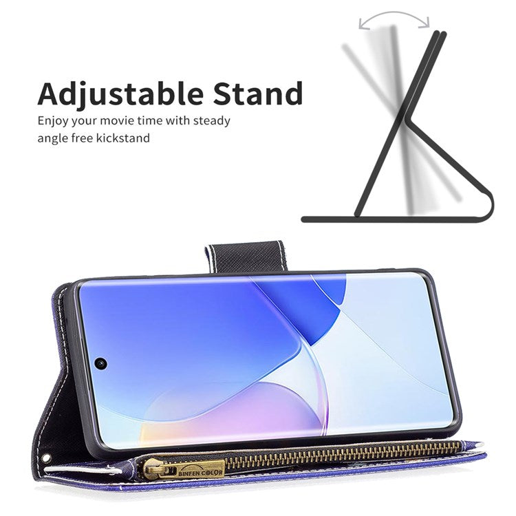 BF Pattern Printing Leather Series-4 for Honor 50/Huawei nova 9, 03 Pattern Printing Wallet Full Protection Zipper Pocket PU Leather Anti-fall Case Stand Shell - Purple Butterflies