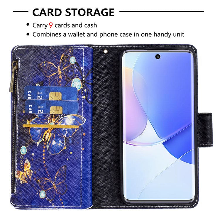 BF Pattern Printing Leather Series-4 for Honor 50/Huawei nova 9, 03 Pattern Printing Wallet Full Protection Zipper Pocket PU Leather Anti-fall Case Stand Shell - Purple Butterflies