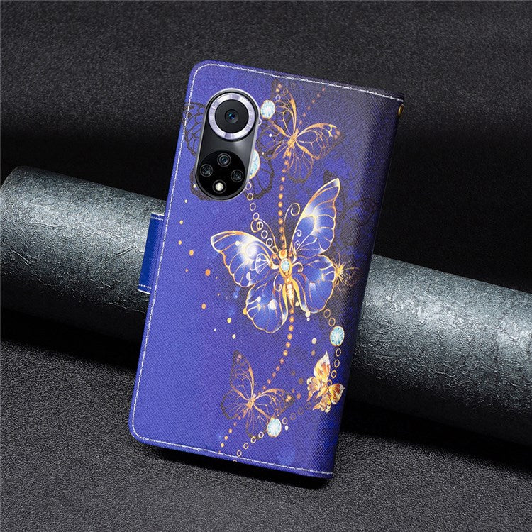 BF Pattern Printing Leather Series-4 for Honor 50/Huawei nova 9, 03 Pattern Printing Wallet Full Protection Zipper Pocket PU Leather Anti-fall Case Stand Shell - Purple Butterflies