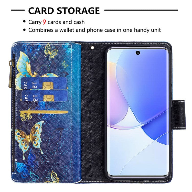 BF Pattern Printing Leather Series-4 for Honor 50/Huawei nova 9, 03 Pattern Printing Wallet Full Protection Zipper Pocket PU Leather Anti-fall Case Stand Shell - Golden Butterflies