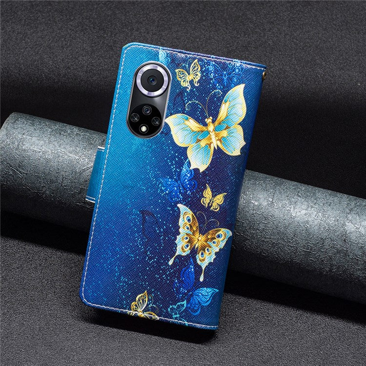 BF Pattern Printing Leather Series-4 for Honor 50/Huawei nova 9, 03 Pattern Printing Wallet Full Protection Zipper Pocket PU Leather Anti-fall Case Stand Shell - Golden Butterflies
