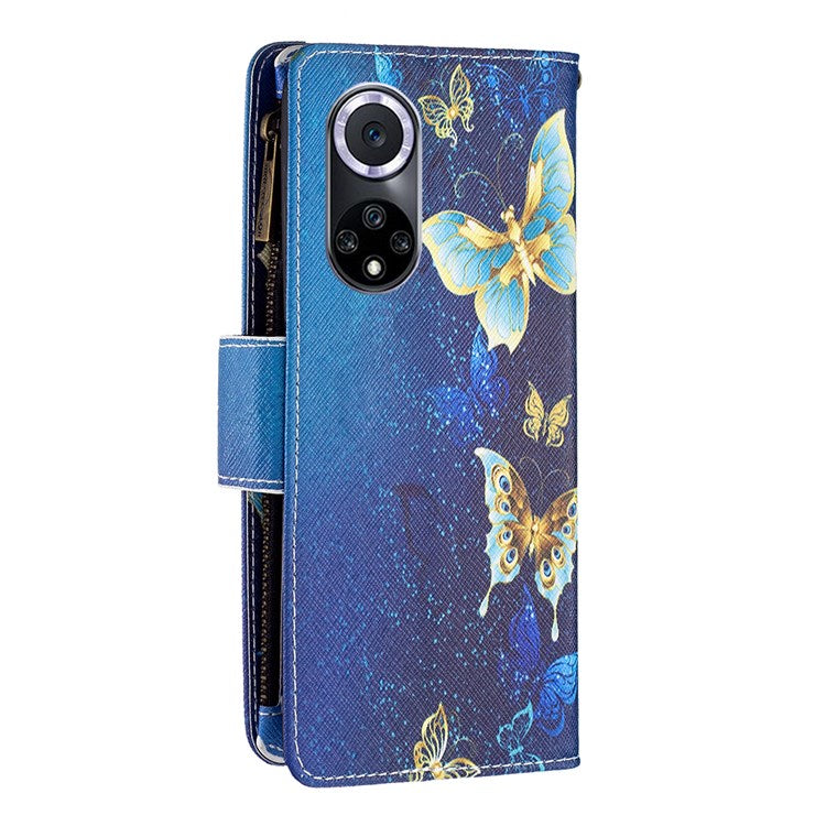 BF Pattern Printing Leather Series-4 for Honor 50/Huawei nova 9, 03 Pattern Printing Wallet Full Protection Zipper Pocket PU Leather Anti-fall Case Stand Shell - Golden Butterflies