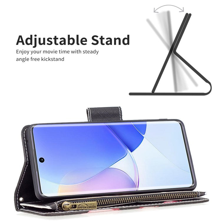 BF Pattern Printing Leather Series-4 for Honor 50/Huawei nova 9, 03 Pattern Printing Wallet Full Protection Zipper Pocket PU Leather Anti-fall Case Stand Shell - Flower