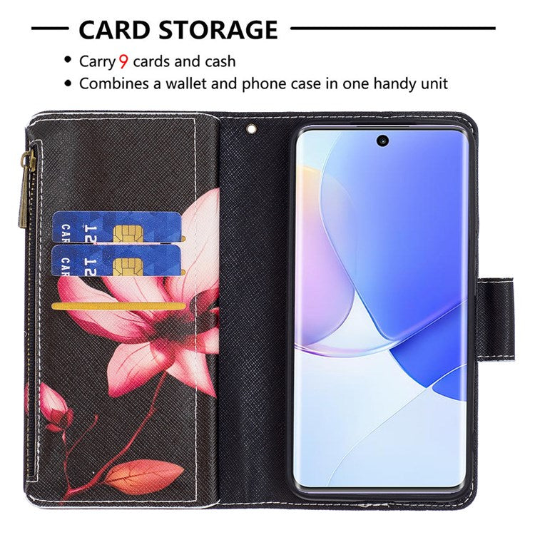 BF Pattern Printing Leather Series-4 for Honor 50/Huawei nova 9, 03 Pattern Printing Wallet Full Protection Zipper Pocket PU Leather Anti-fall Case Stand Shell - Flower
