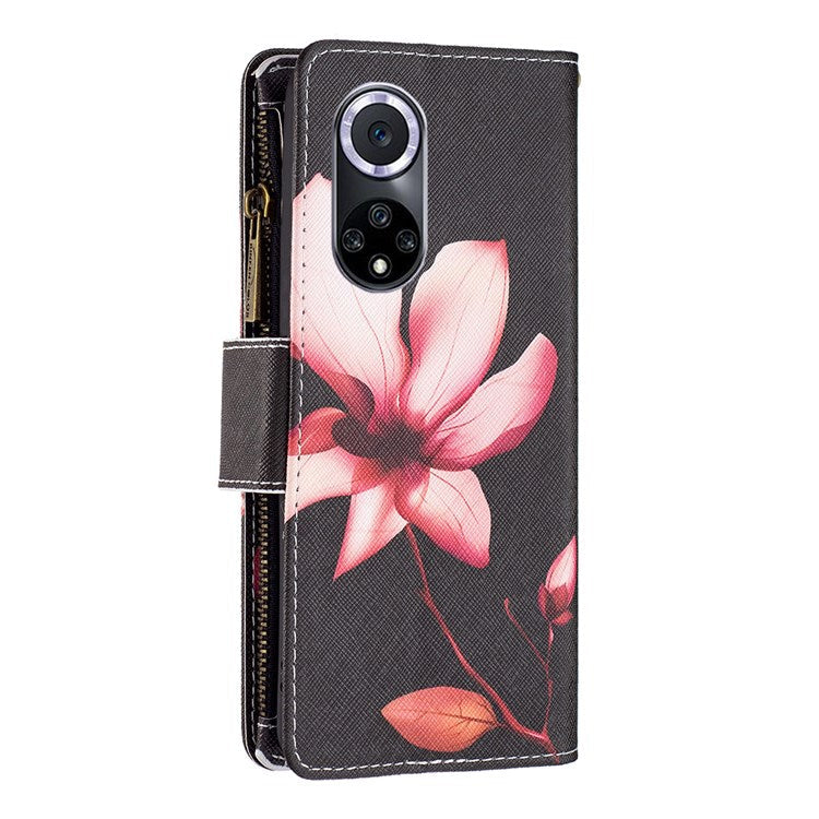 BF Pattern Printing Leather Series-4 for Honor 50/Huawei nova 9, 03 Pattern Printing Wallet Full Protection Zipper Pocket PU Leather Anti-fall Case Stand Shell - Flower