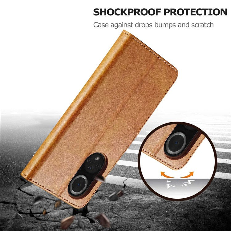 LC.IMEEKE for Huawei nova 9/Honor 50 Textured PU Leather Flip Folio Horizontal Stand Wallet Case Phone Case Cover - Light Brown