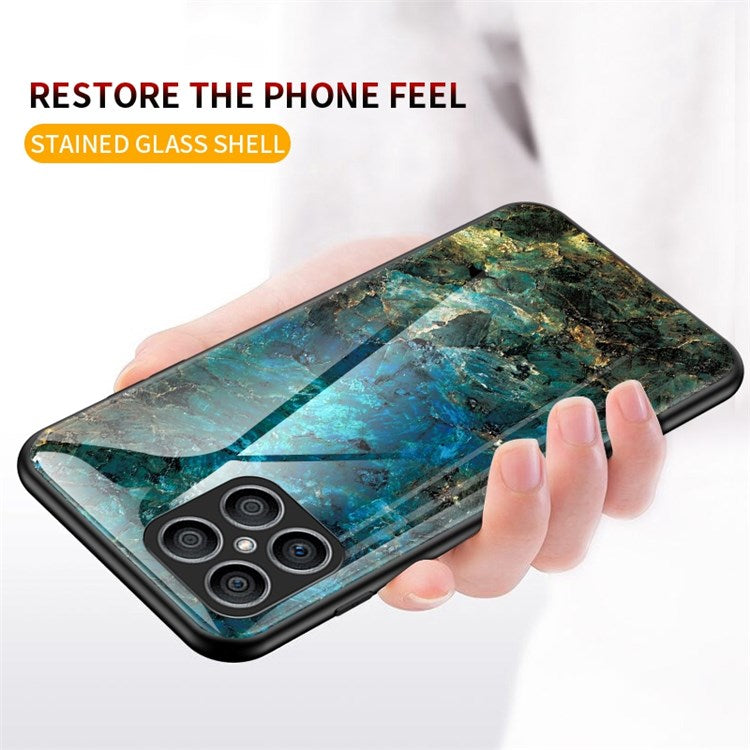 Tempered Glass + PC Back Cover for Honor X8 4G, Stylish Marble Pattern TPU Bumper Phone Shell - Emerald Marble