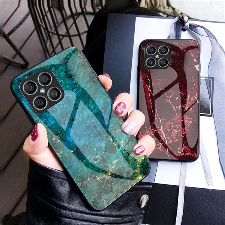 Tempered Glass + PC Back Cover for Honor X8 4G, Stylish Marble Pattern TPU Bumper Phone Shell - Emerald Marble