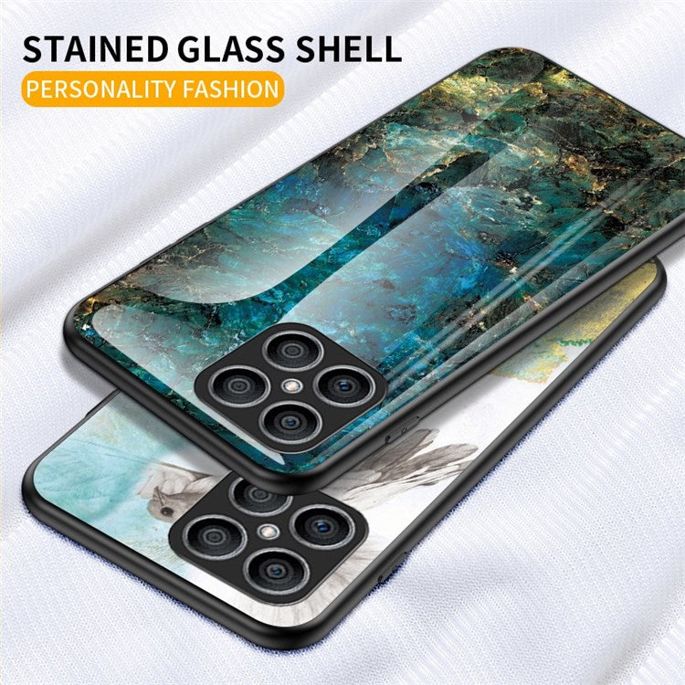Tempered Glass + PC Back Cover for Honor X8 4G, Stylish Marble Pattern TPU Bumper Phone Shell - Emerald Marble