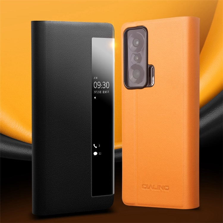 QIALINO For Honor Magic V Genuine Cowhide Leather Stand Case Folio Flip Phone Cover with View Window and Auto Wake/Sleep - Yellow