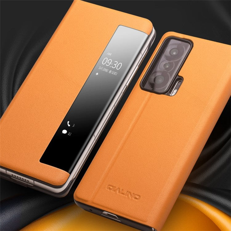 QIALINO For Honor Magic V Genuine Cowhide Leather Stand Case Folio Flip Phone Cover with View Window and Auto Wake/Sleep - Yellow