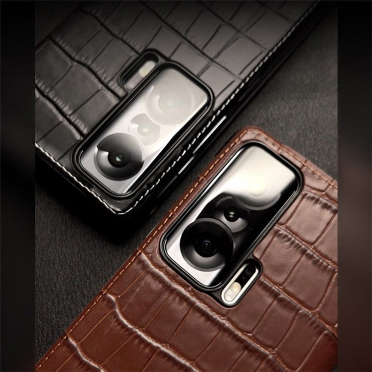 QIALINO For Honor Magic V View Window Crocodile Texture Genuine Cowhide Leather Stand Case Phone Shell with Auto Wake/Sleep - Brown