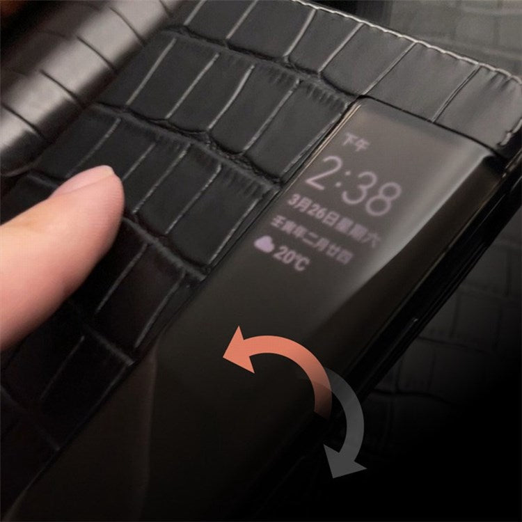 QIALINO For Honor Magic V View Window Crocodile Texture Genuine Cowhide Leather Stand Case Phone Shell with Auto Wake/Sleep - Black