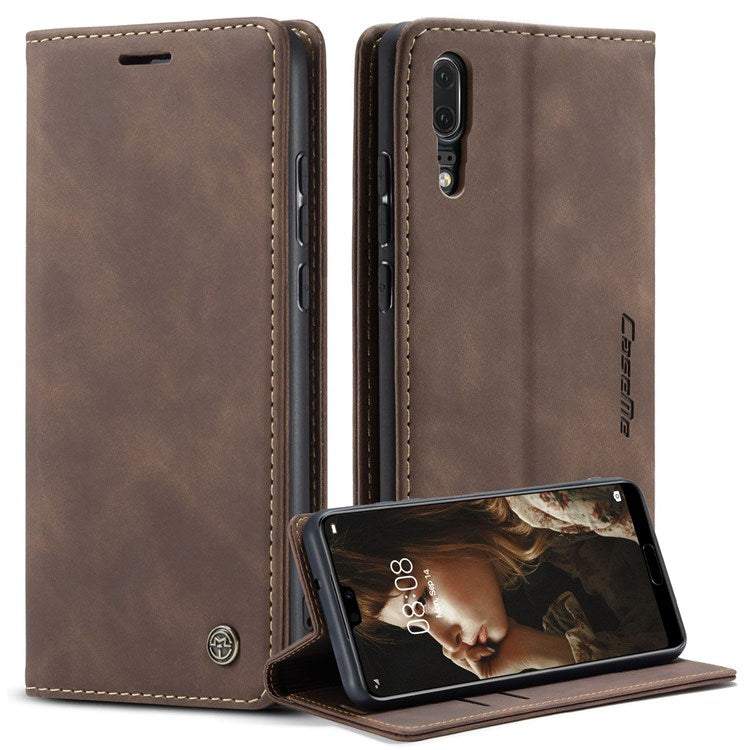 CASEME 013 Series For Huawei P20 Foldable Stand Phone Cover Auto-absorbed PU Leather Wallet Phone Case - Coffee