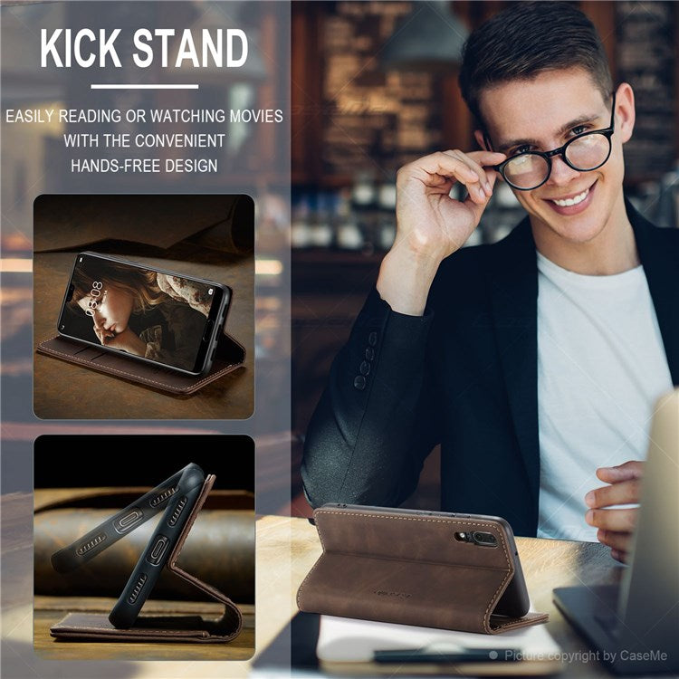 CASEME 013 Series For Huawei P20 Foldable Stand Phone Cover Auto-absorbed PU Leather Wallet Phone Case - Coffee