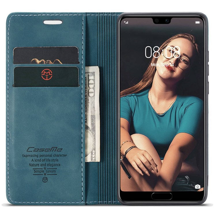 CASEME 013 Series For Huawei P20 Foldable Stand Phone Cover Auto-absorbed PU Leather Wallet Phone Case - Blue