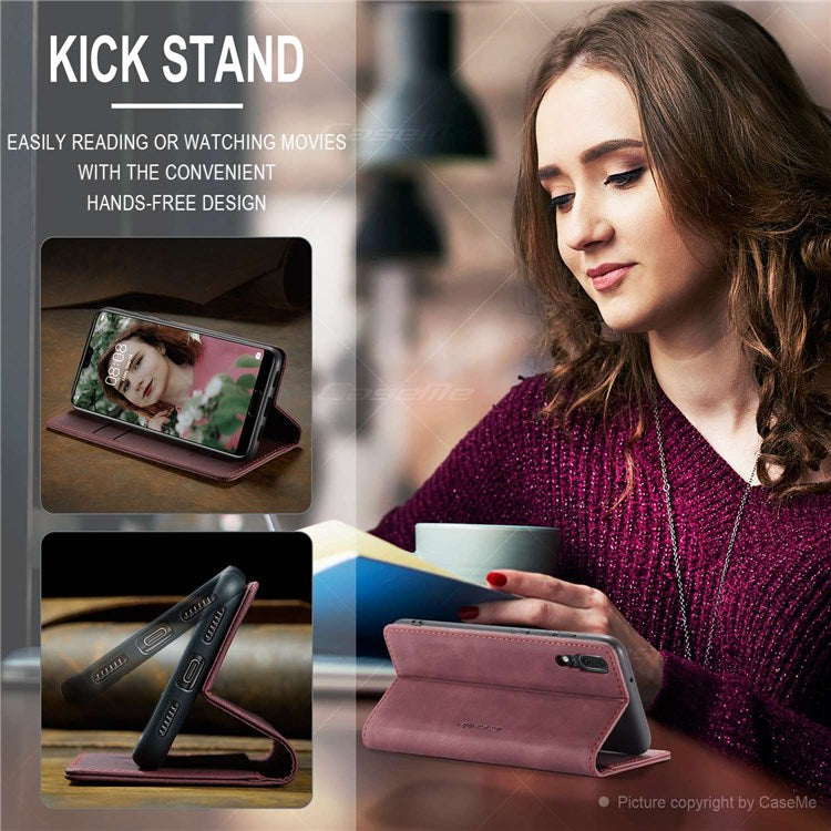 CASEME 013 Series For Huawei P20 Foldable Stand Phone Cover Auto-absorbed PU Leather Wallet Phone Case - Wine Red