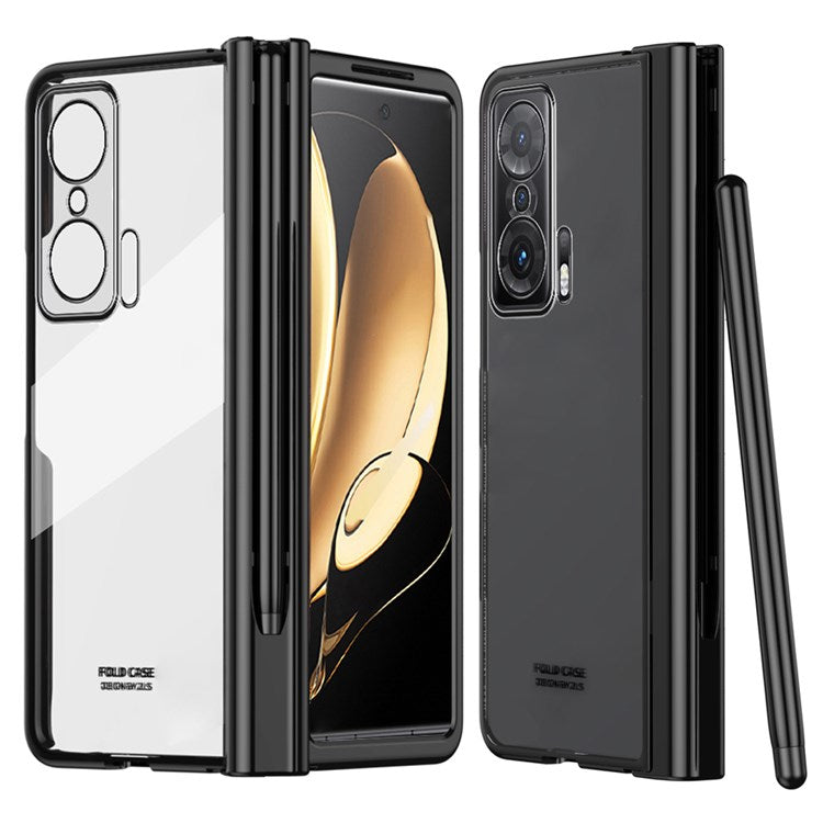 For Honor Magic V Tempered Glass Film Phone Cover Pen Slot Hinge Electroplating Folding PC Case with Stylus Pen - Black