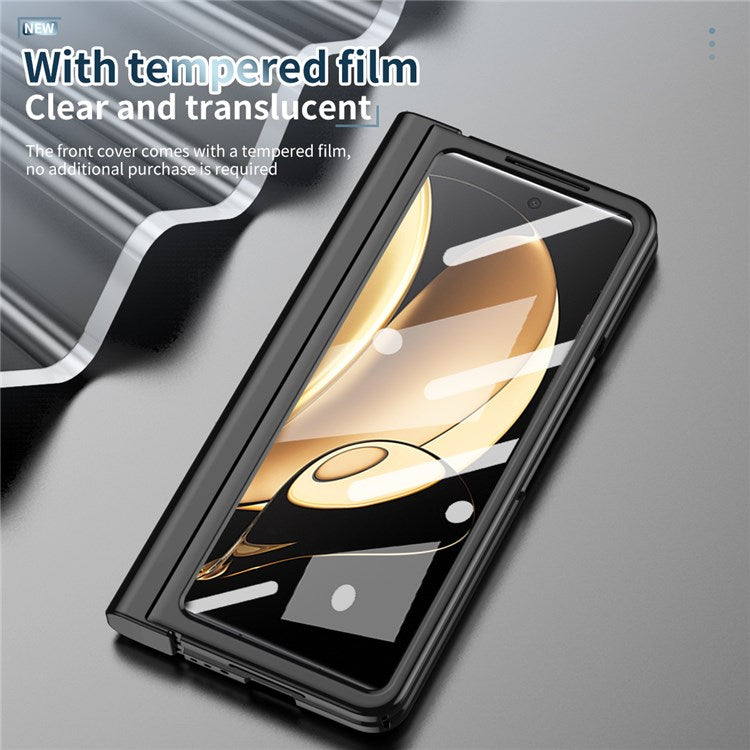 For Honor Magic V Tempered Glass Film Phone Cover Pen Slot Hinge Electroplating Folding PC Case with Stylus Pen - Black