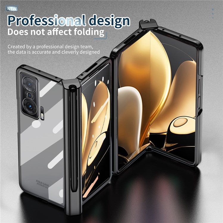 For Honor Magic V Tempered Glass Film Phone Cover Pen Slot Hinge Electroplating Folding PC Case with Stylus Pen - Black