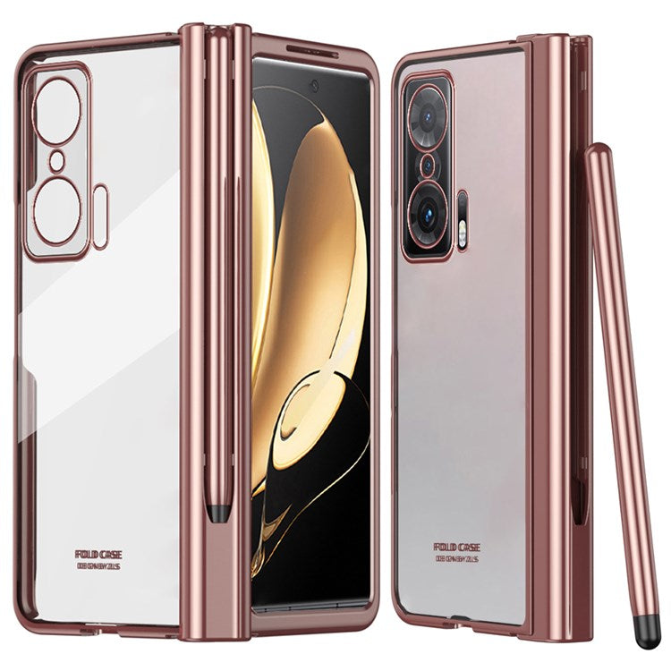For Honor Magic V Tempered Glass Film Phone Cover Pen Slot Hinge Electroplating Folding PC Case with Stylus Pen - Pink