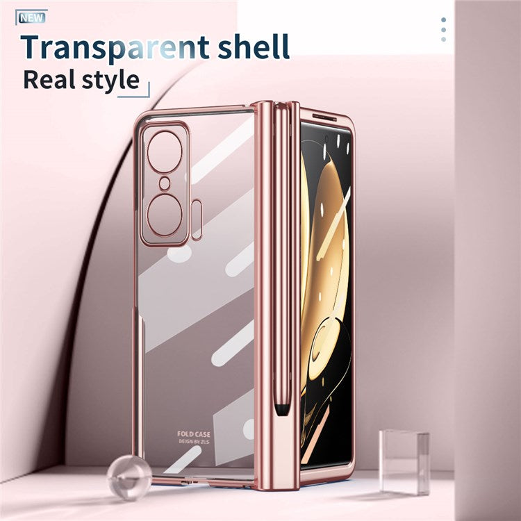 For Honor Magic V Tempered Glass Film Phone Cover Pen Slot Hinge Electroplating Folding PC Case with Stylus Pen - Pink