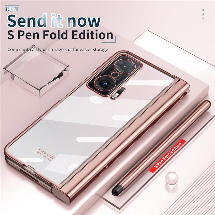 For Honor Magic V Tempered Glass Film Phone Cover Pen Slot Hinge Electroplating Folding PC Case with Stylus Pen - Pink