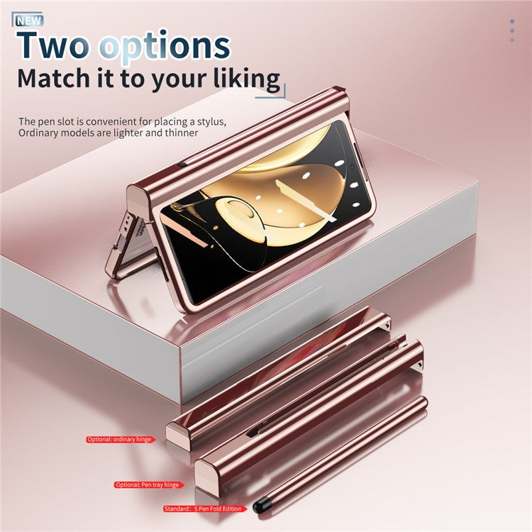 For Honor Magic V Tempered Glass Film Phone Cover Pen Slot Hinge Electroplating Folding PC Case with Stylus Pen - Pink