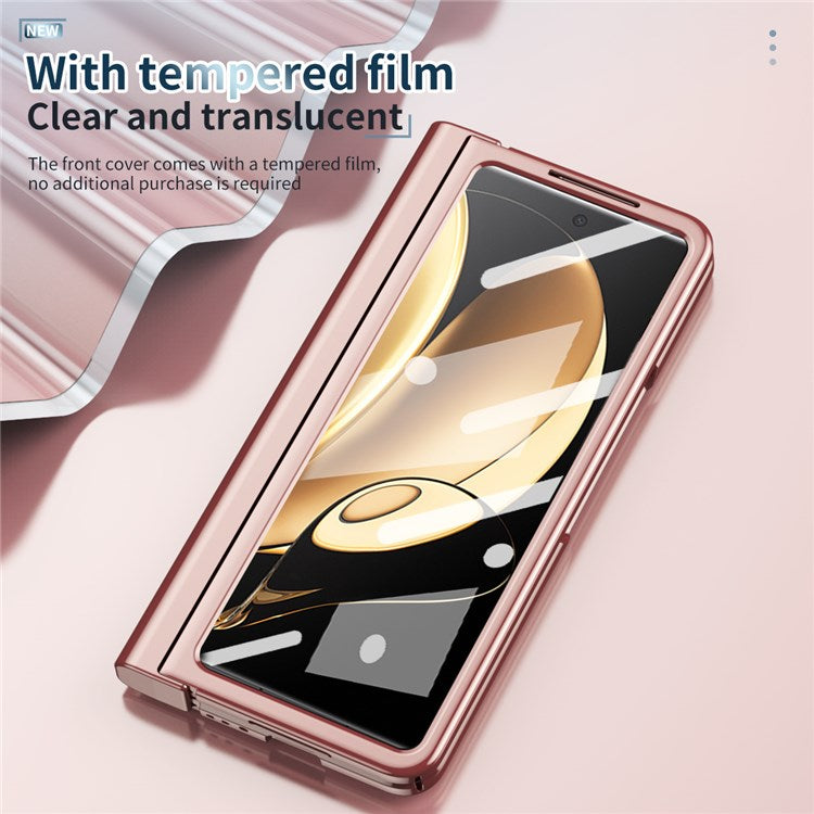 For Honor Magic V Tempered Glass Film Phone Cover Pen Slot Hinge Electroplating Folding PC Case with Stylus Pen - Pink