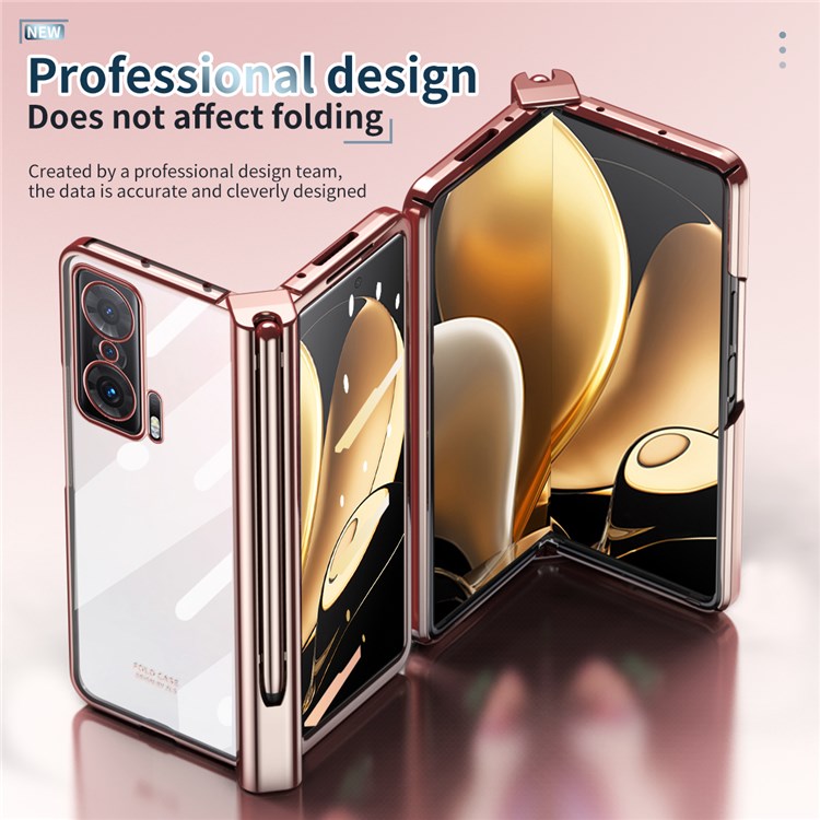 For Honor Magic V Tempered Glass Film Phone Cover Pen Slot Hinge Electroplating Folding PC Case with Stylus Pen - Pink