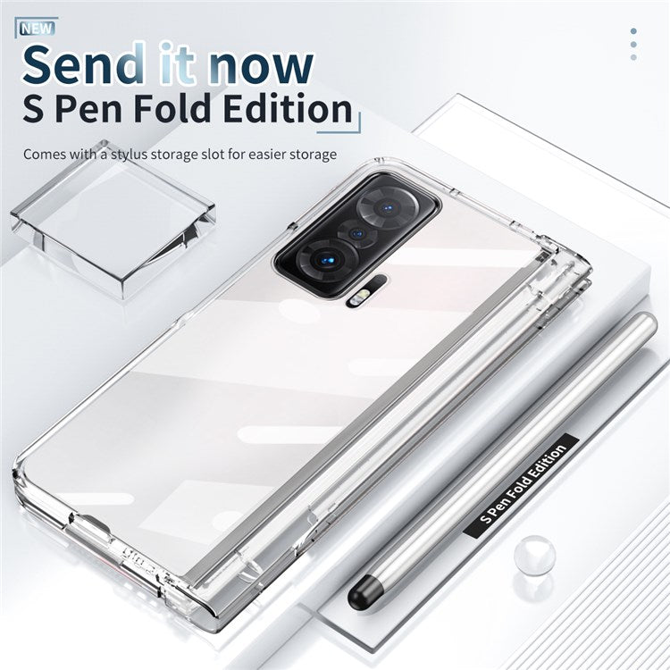 For Honor Magic V Tempered Glass Film Phone Cover Pen Slot Hinge Electroplating Folding PC Case with Stylus Pen - Transparent