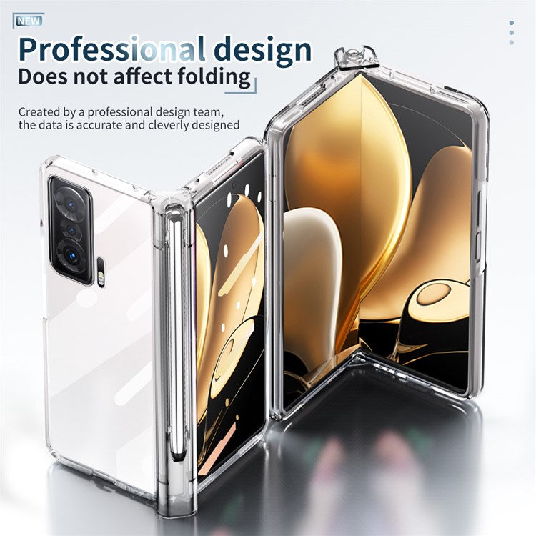 For Honor Magic V Tempered Glass Film Phone Cover Pen Slot Hinge Electroplating Folding PC Case with Stylus Pen - Transparent