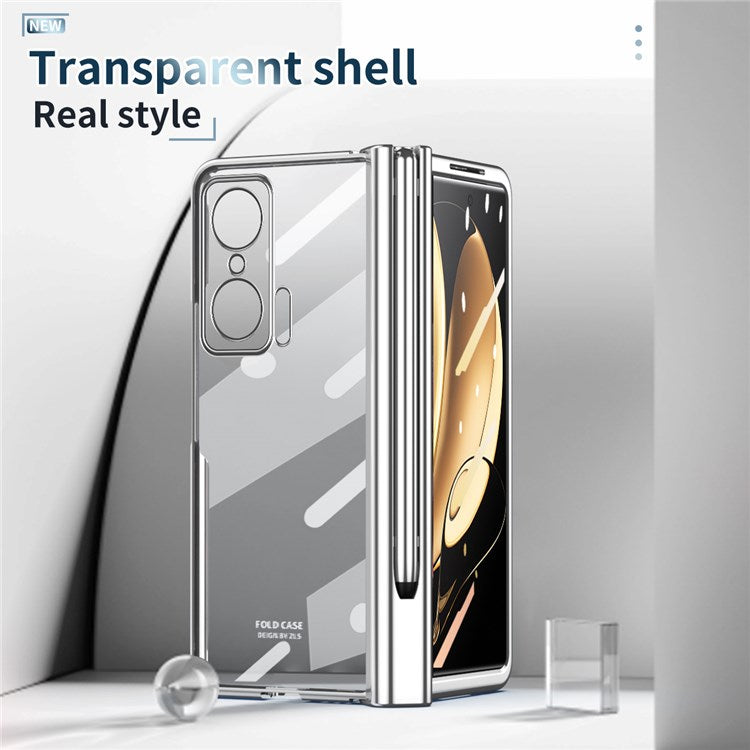 For Honor Magic V Tempered Glass Film Phone Cover Pen Slot Hinge Electroplating Folding PC Case with Stylus Pen - Silver