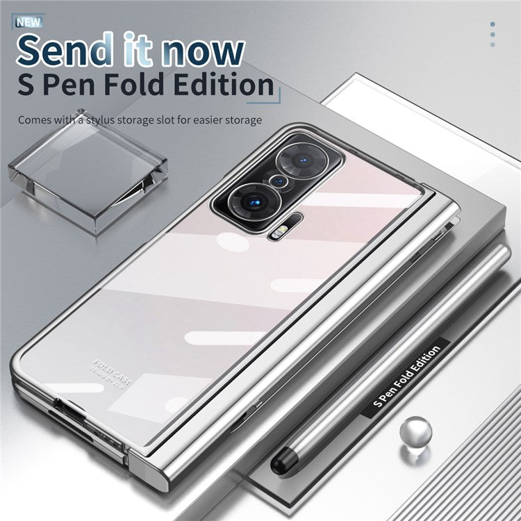 For Honor Magic V Tempered Glass Film Phone Cover Pen Slot Hinge Electroplating Folding PC Case with Stylus Pen - Silver